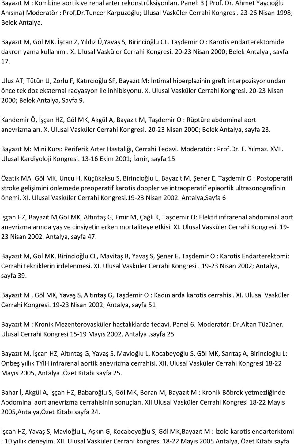 20-23 Nisan 2000; Belek Antalya, sayfa 17. Ulus AT, Tütün U, Zorlu F, Katırcıoğlu SF, Bayazıt M: İntimal hiperplazinin greft interpozisyonundan önce tek doz eksternal radyasyon ile inhibisyonu. X.