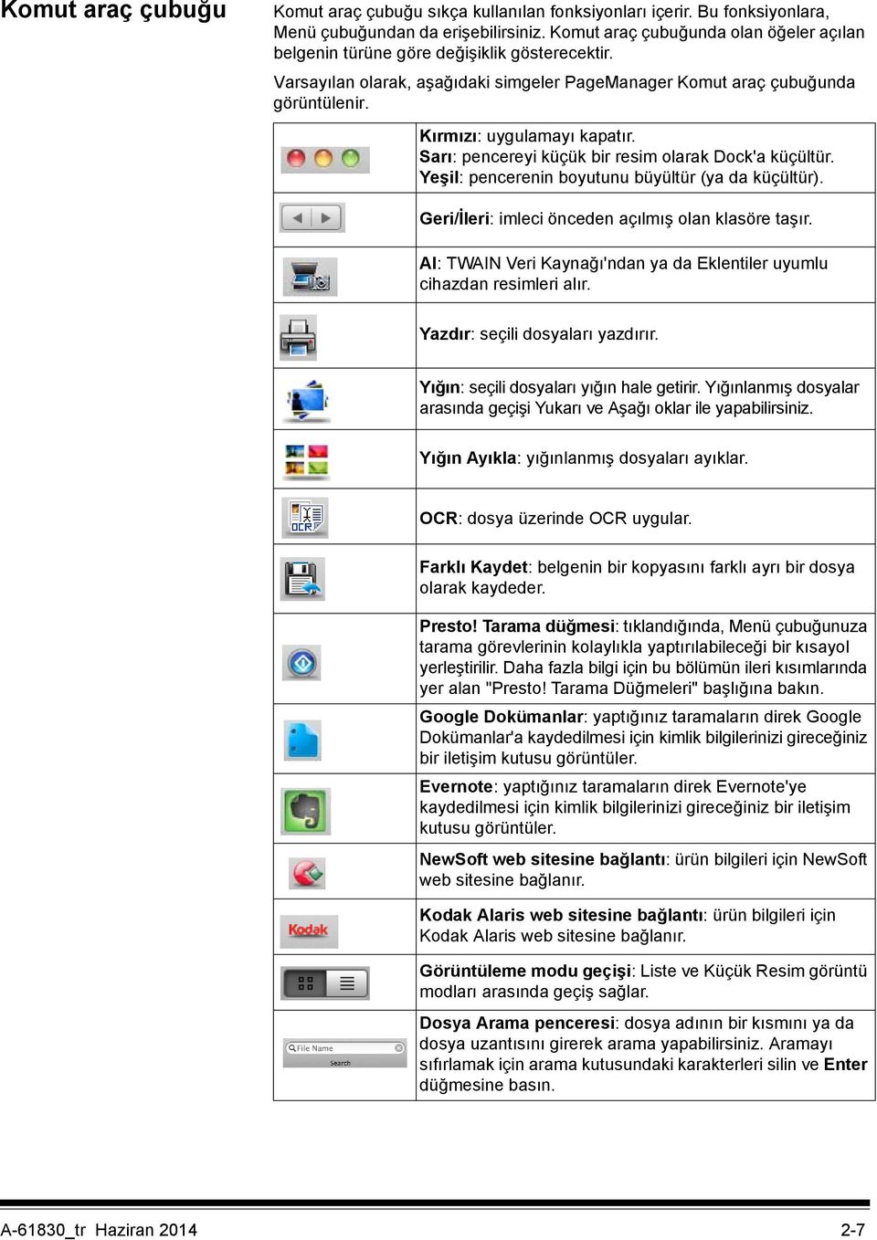 Sarı: pencereyi küçük bir resim olarak Dock'a küçültür. Yeşil: pencerenin boyutunu büyültür (ya da küçültür). Geri/İleri: imleci önceden açılmış olan klasöre taşır.