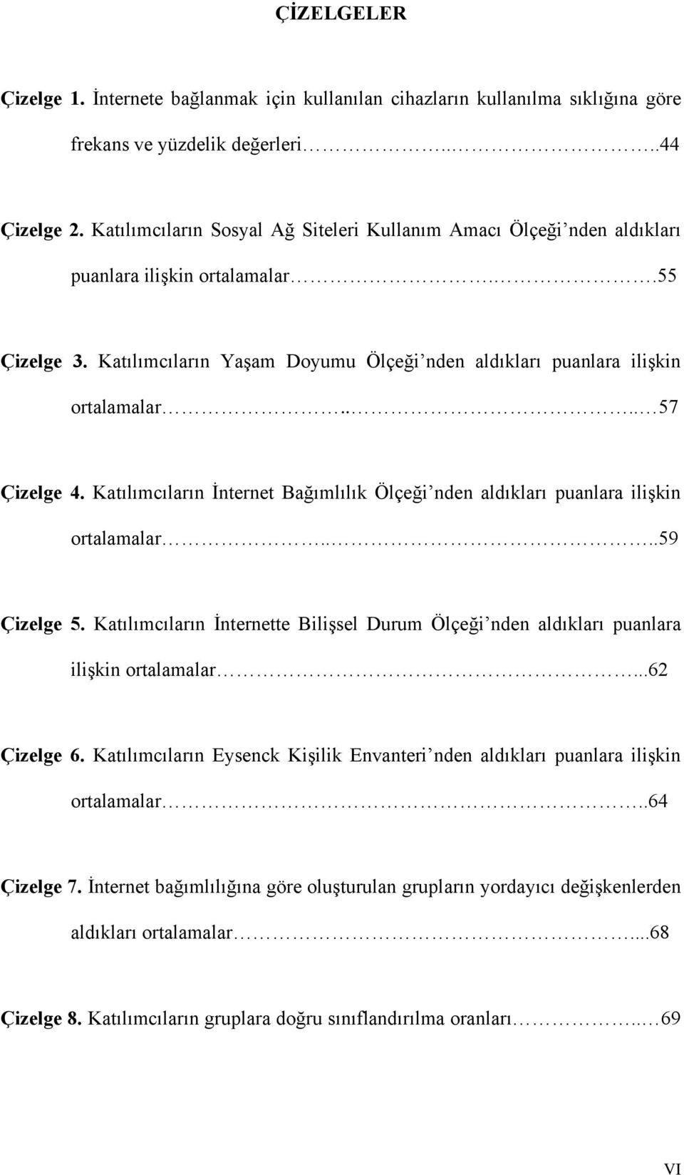 ... 57 Çizelge 4. Katılımcıların İnternet Bağımlılık Ölçeği nden aldıkları puanlara ilişkin ortalamalar....59 Çizelge 5.