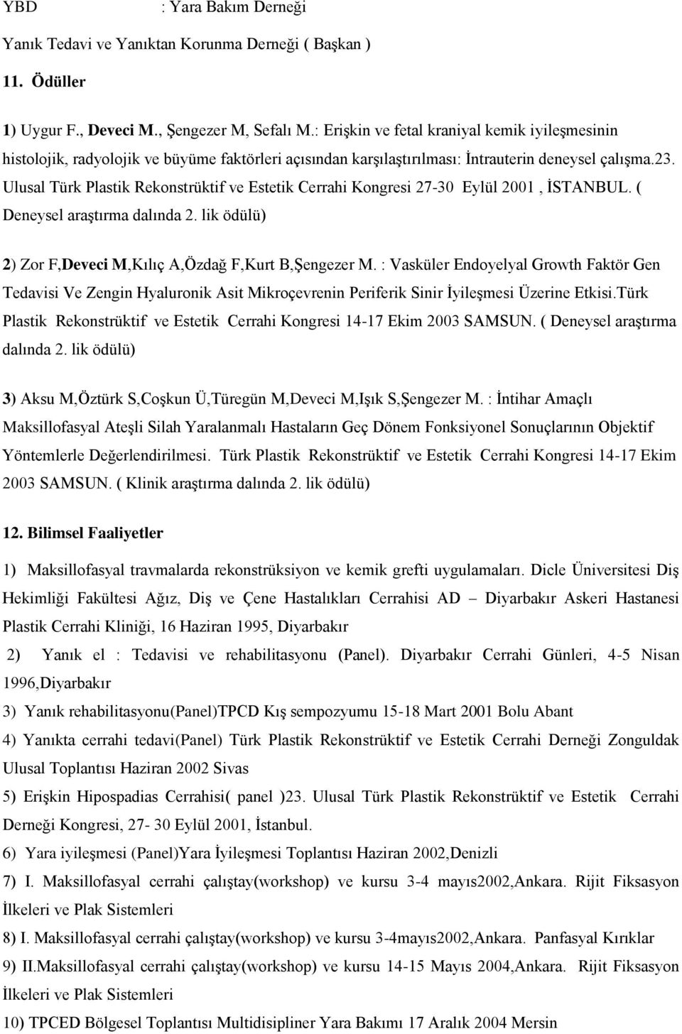 Ulusal Türk Plastik Rekonstrüktif ve Estetik Cerrahi Kongresi 27-30 Eylül 2001, İSTANBUL. ( Deneysel araştırma dalında 2. lik ödülü) 2) Zor F,Deveci M,Kılıç A,Özdağ F,Kurt B,Şengezer M.