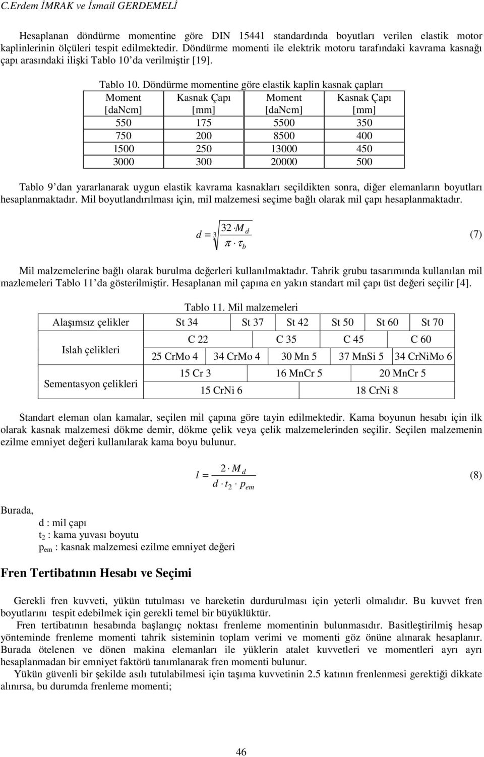 da verilmiştir [19]. Tablo 10.