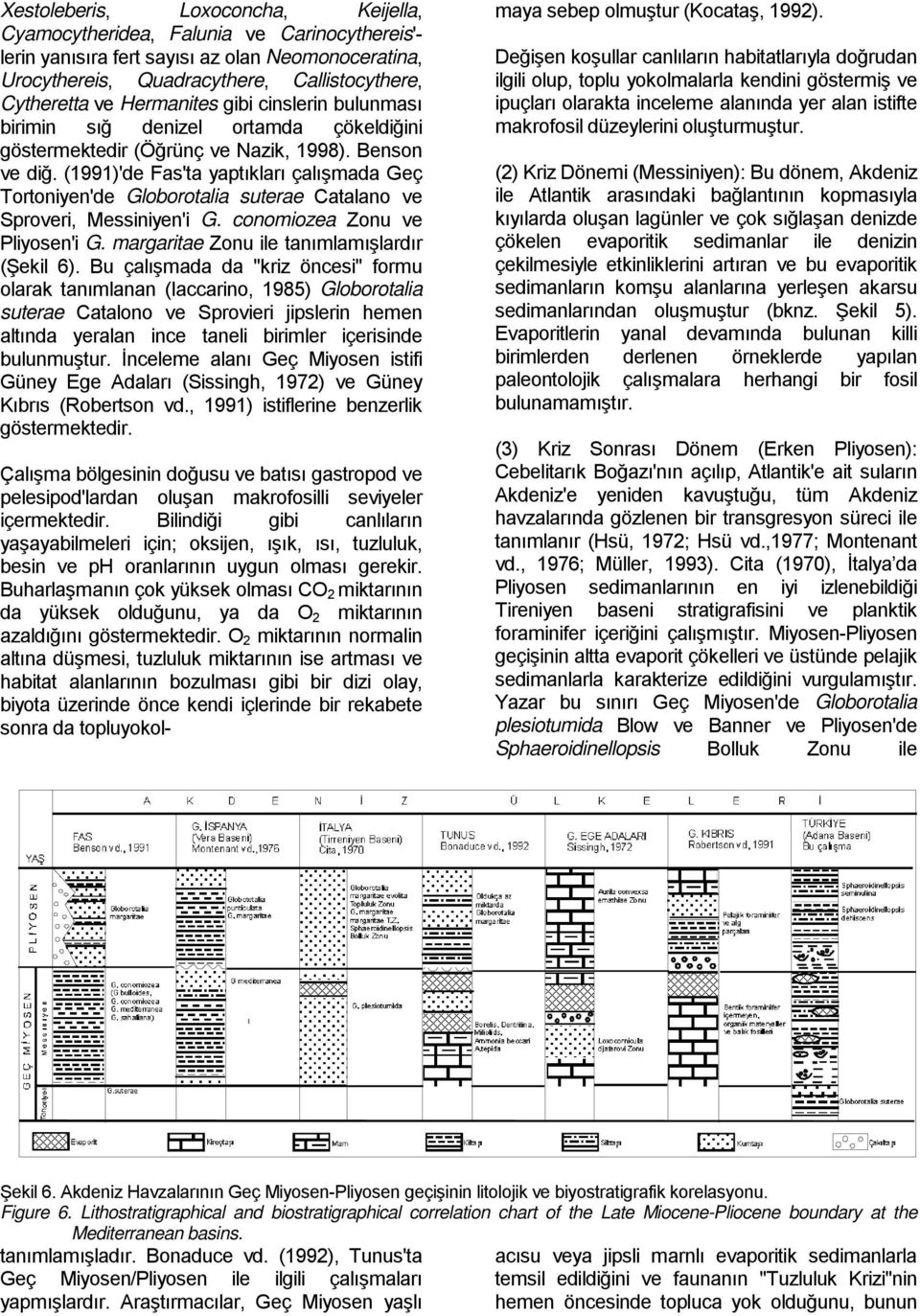 (1991)'de Fas'ta yaptıkları çalışmada Geç Tortoniyen'de Globorotalia suterae Catalano ve Sproveri, Messiniyen'i G. conomiozea Zonu ve Pliyosen'i G. margaritae Zonu ile tanımlamışlardır (Şekil 6).