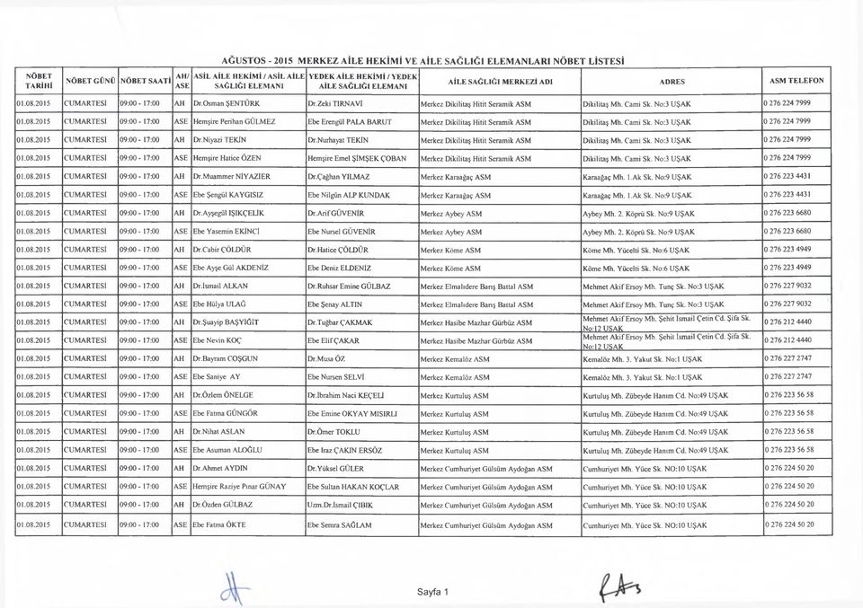 2015 CUMARTESİ 09:00-17:00 Hemşire Perihan GÜLMEZ Ebe Erengül PALA BARUT Merkez Dikilitaş Hitit Seramik ASM Dikilitaş Mh. Cami Sk. No:3 UŞAK 0 276 224 7999 01.08.2015 CUMARTESİ 09:00-17:00 AH Dr.