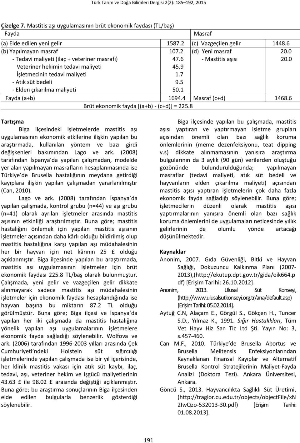 0 Veteriner hekimin tedavi maliyeti İşletmecinin tedavi maliyeti - Atık süt bedeli - Elden çıkarılma maliyeti 45.9 1.7 9.5 50.1 Fayda (a+b) 1694.4 Masraf (c+d) 1468.