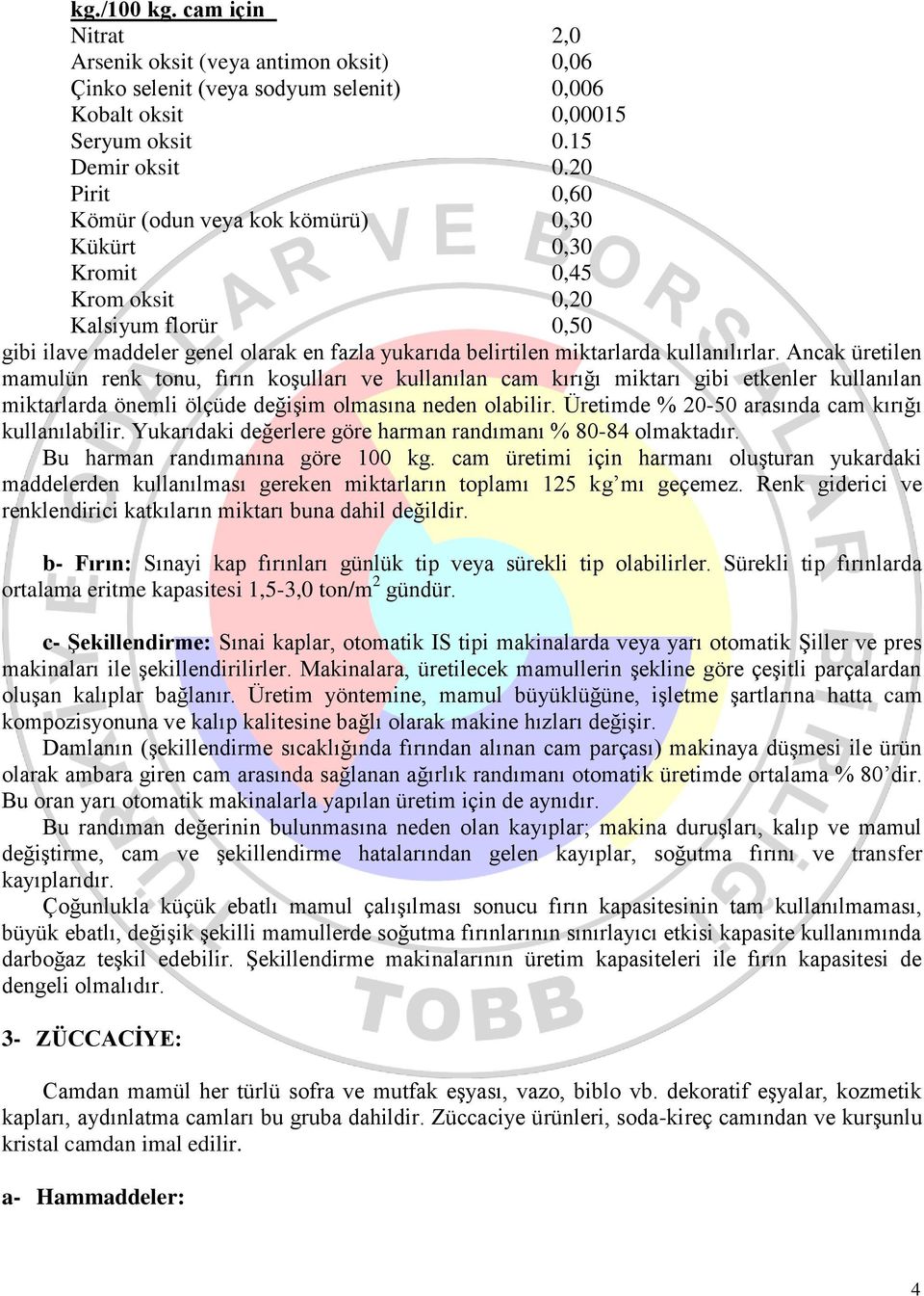 Ancak üretilen mamulün renk tonu, fırın koşulları ve kullanılan cam kırığı miktarı gibi etkenler kullanılan miktarlarda önemli ölçüde değişim olmasına neden olabilir.