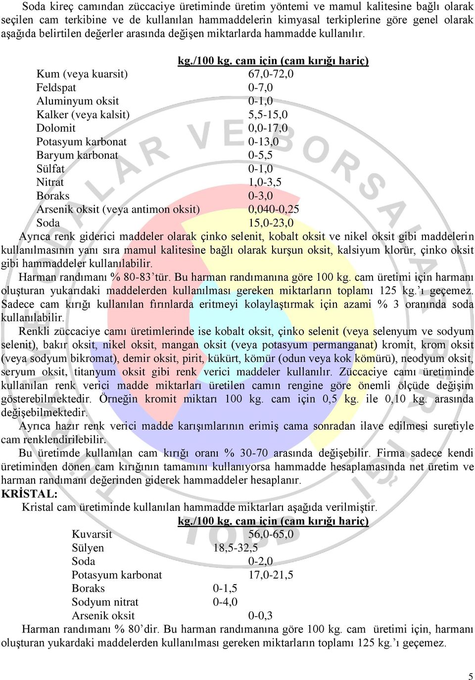 Kum (veya kuarsit) 67,0-72,0 Feldspat 0-7,0 Aluminyum oksit 0-1,0 Kalker (veya kalsit) 5,5-15,0 Dolomit 0,0-17,0 Potasyum karbonat 0-13,0 Baryum karbonat 0-5,5 Sülfat 0-1,0 Nitrat 1,0-3,5 Boraks