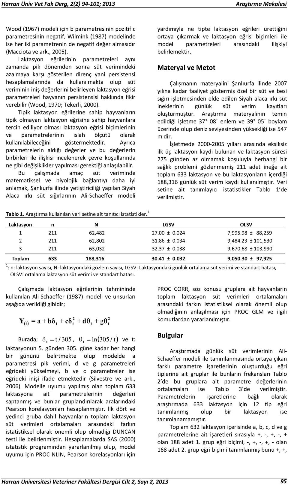 değerlerini belirleyen laktasyon eğrisi parametreleri hayvanın persistensisi hakkında fikir verebilir (Wood, 1970; Tekerli, 2000).