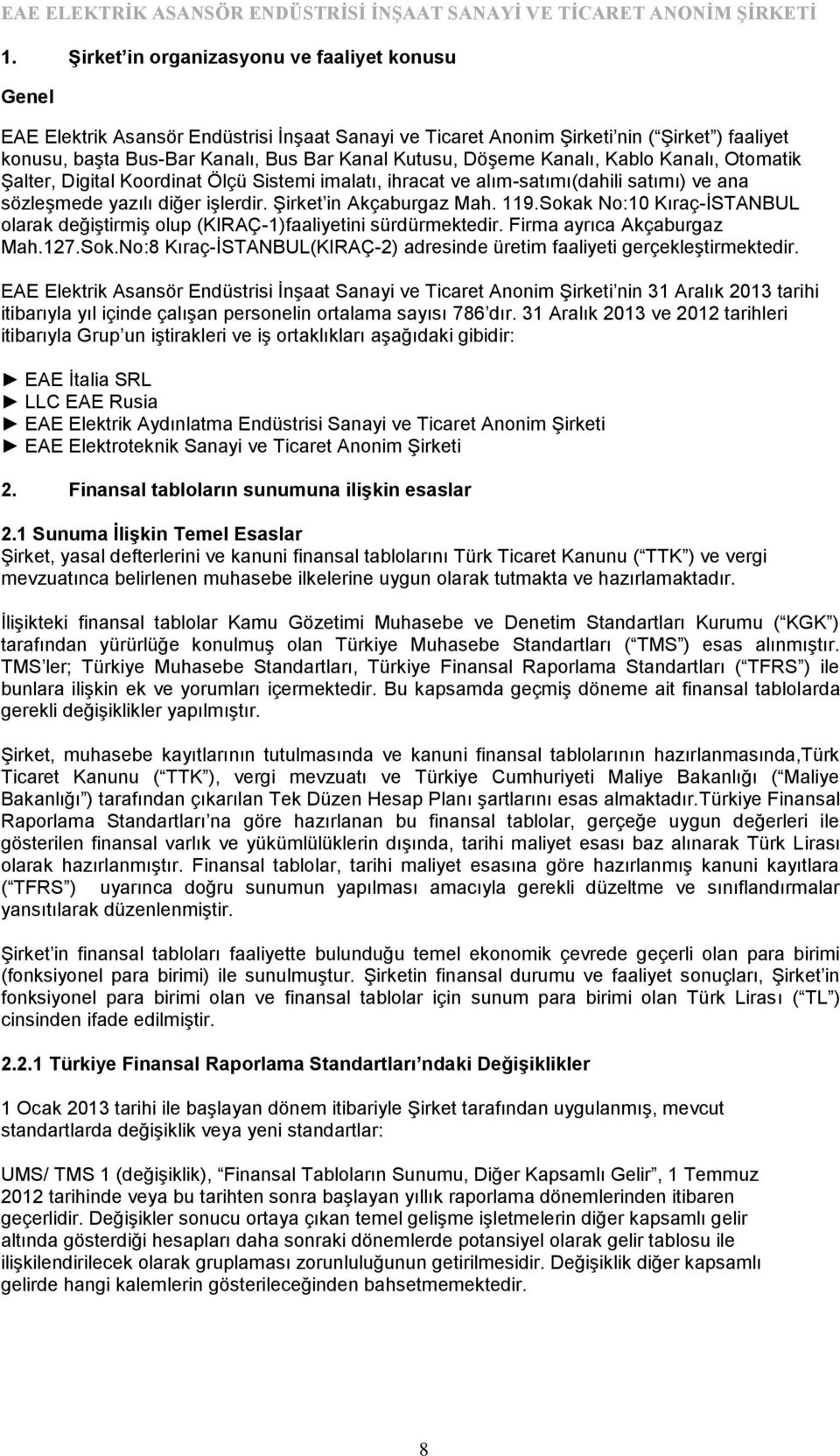 Sokak No:10 Kıraç-İSTANBUL olarak değiştirmiş olup (KIRAÇ-1)faaliyetini sürdürmektedir. Firma ayrıca Akçaburgaz Mah.127.Sok.No:8 Kıraç-İSTANBUL(KIRAÇ-2) adresinde üretim faaliyeti gerçekleştirmektedir.