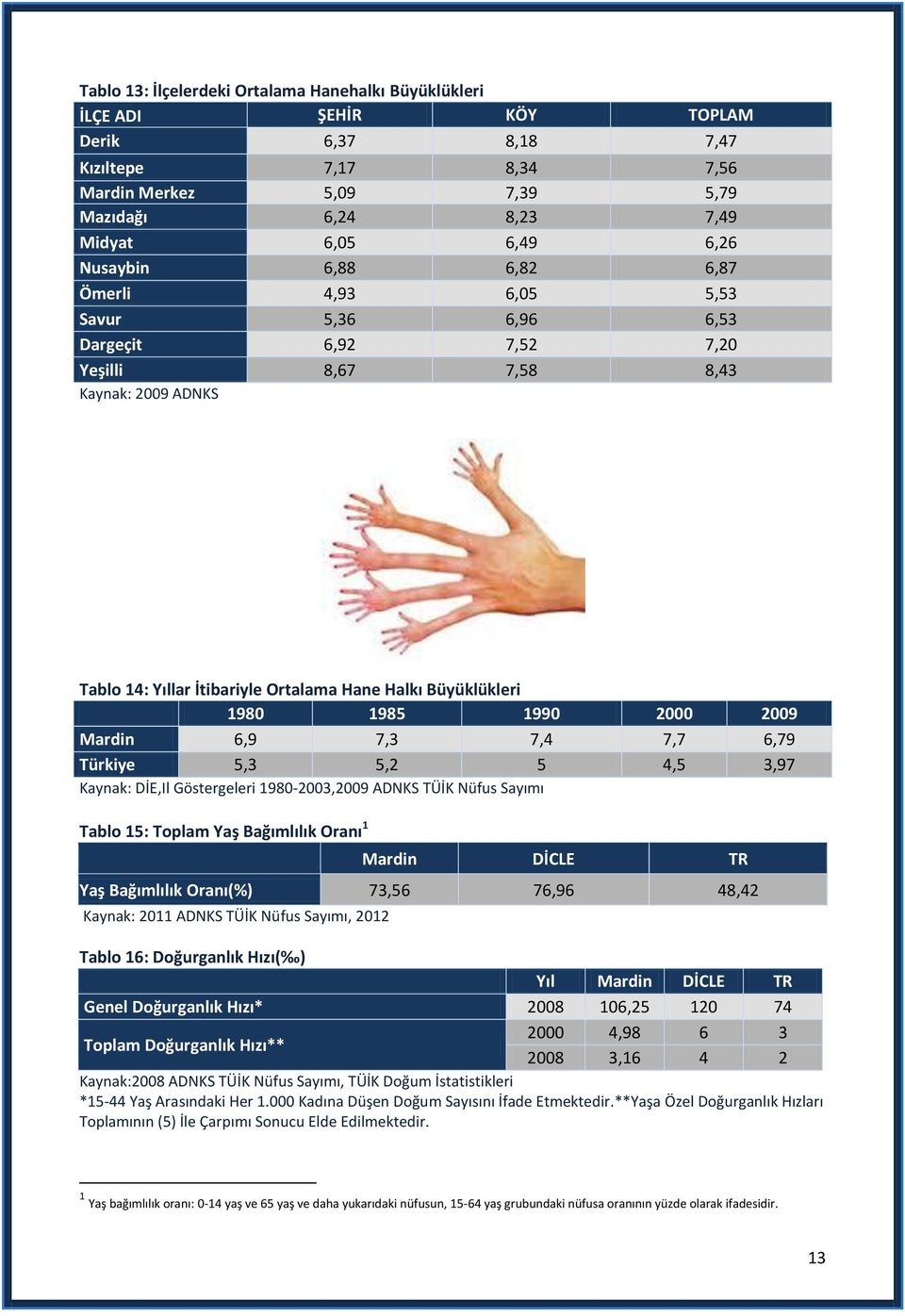 1980 1985 1990 2000 2009 Mardin 6,9 7,3 7,4 7,7 6,79 Türkiye 5,3 5,2 5 4,5 3,97 Kaynak: DİE,Il Göstergeleri 1980-2003,2009 ADNKS TÜİK Nüfus Sayımı Tablo 15: Toplam Yaş Bağımlılık Oranı 1 Mardin DİCLE