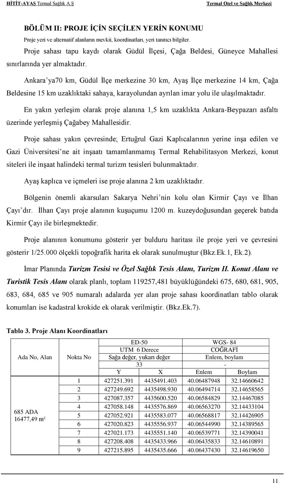 Ankara ya70 km, Güdül İlçe merkezine 30 km, Ayaş İlçe merkezine 14 km, Çağa Beldesine 15 km uzaklıktaki sahaya, karayolundan ayrılan imar yolu ile ulaşılmaktadır.