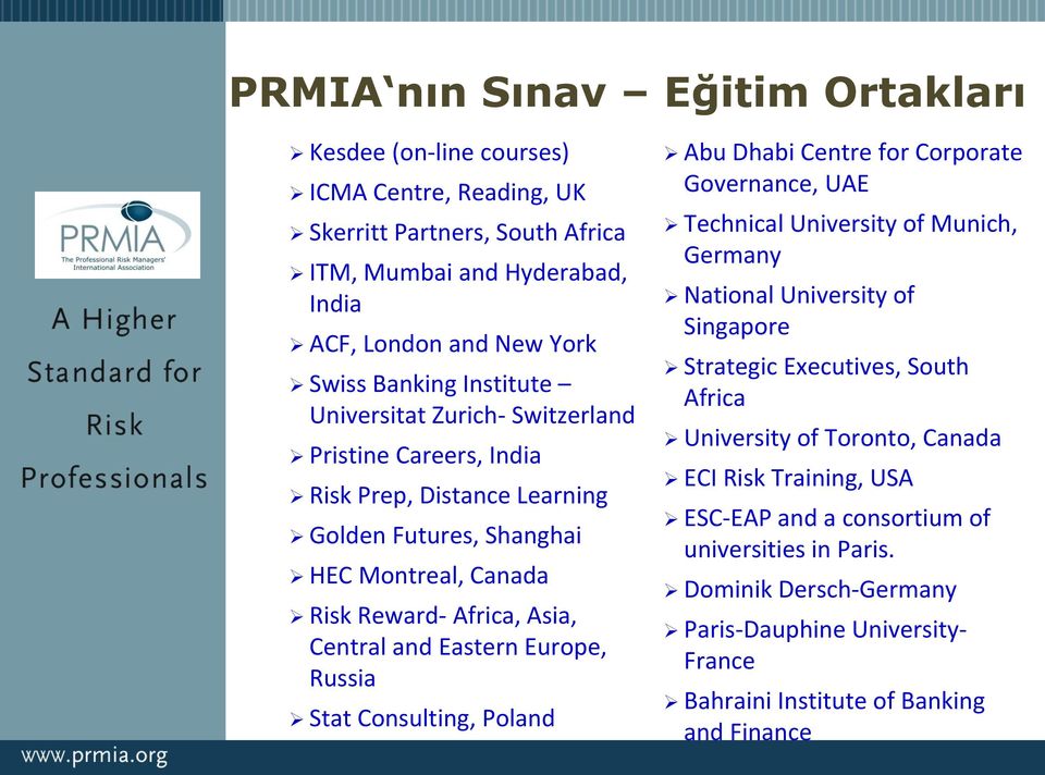 Europe, Russia Stat Consulting, Poland Abu Dhabi Centre for Corporate Governance, UAE Technical University of Munich, Germany National University of Singapore Strategic Executives, South