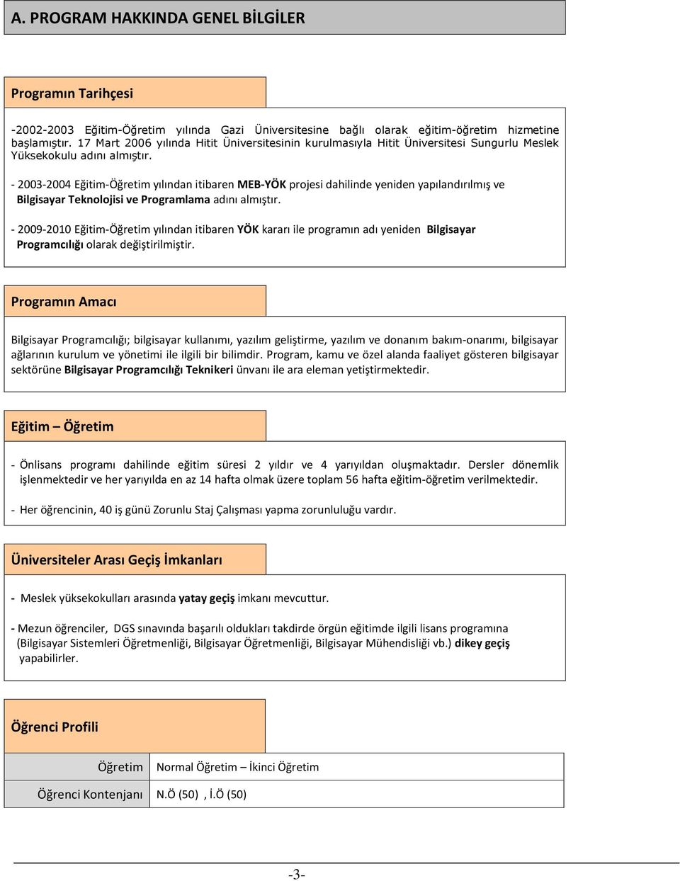 - 2003-2004 Eğitim-Öğretim yılından itibaren MEB-YÖK projesi dahilinde yeniden yapılandırılmış ve Bilgisayar Teknolojisi ve Programlama adını almıştır.