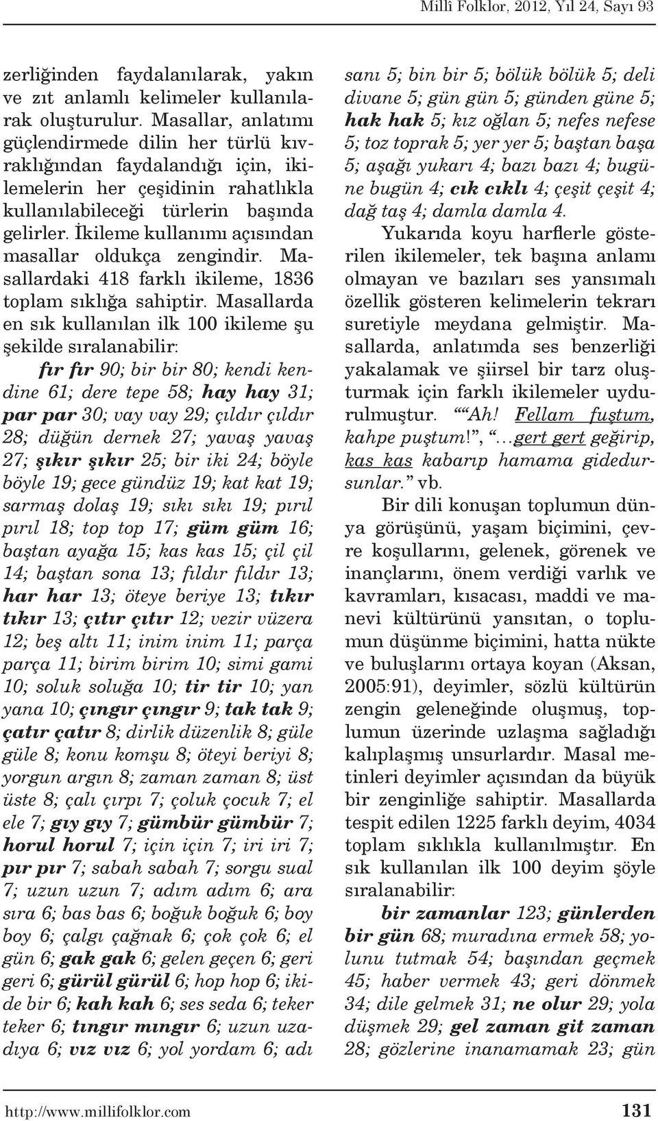 İkileme kullanımı açısından masallar oldukça zengindir. Masallardaki 418 farklı ikileme, 1836 toplam sıklığa sahiptir.