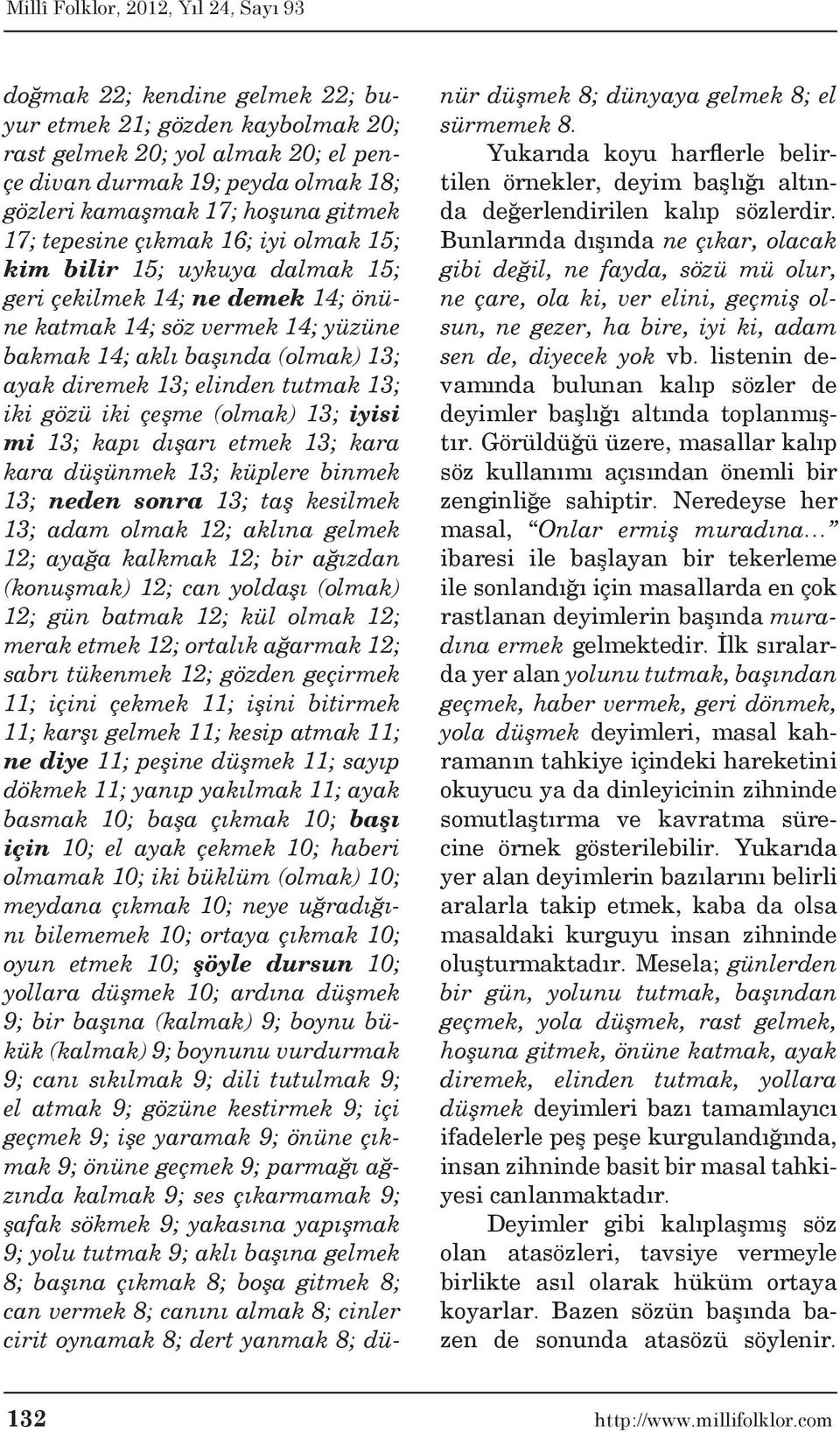 iki çeşme (olmak) 13; iyisi mi 13; kapı dışarı etmek 13; kara kara düşünmek 13; küplere binmek 13; neden sonra 13; taş kesilmek 13; adam olmak 12; aklına gelmek 12; ayağa kalkmak 12; bir ağızdan