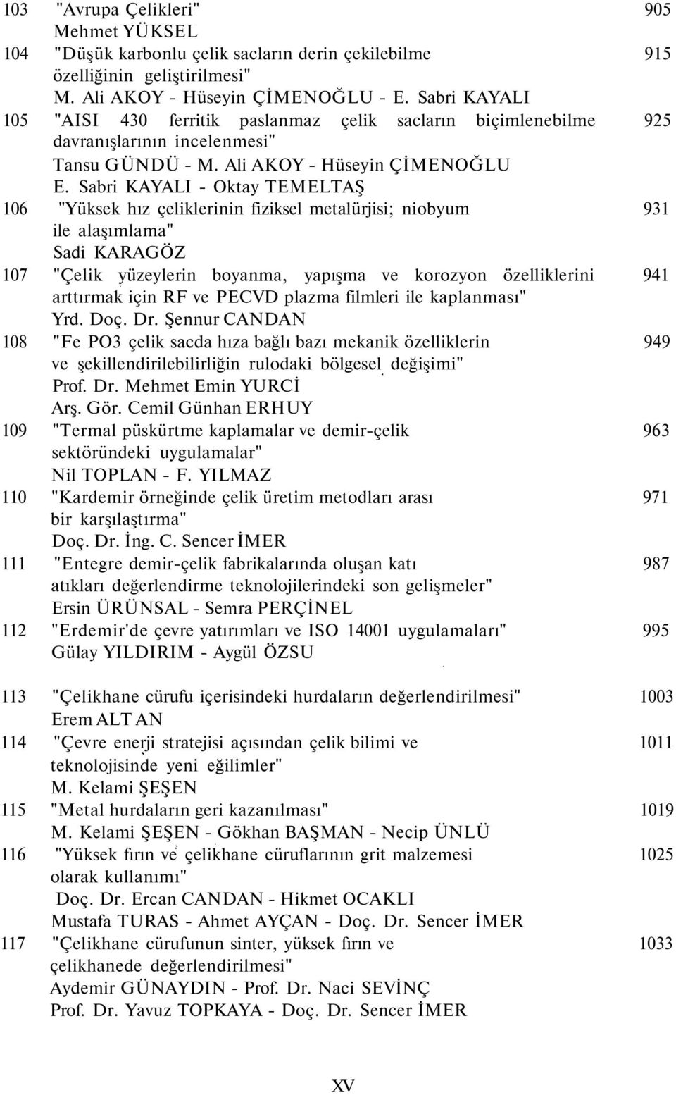 Sabri KAYALI - Oktay TEMELTAŞ 106 "Yüksek hız çeliklerinin fiziksel metalürjisi; niobyum 931 ile alaşımlama" Sadi KARAGÖZ 107 "Çelik yüzeylerin boyanma, yapışma ve korozyon özelliklerini 941