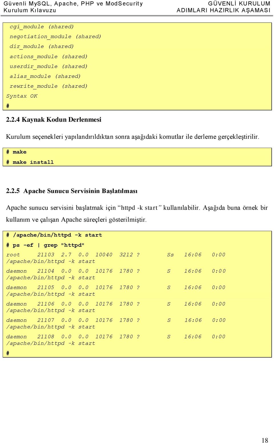 # make # make install 2.2.5 Apache Sunucu Servisinin Başlatılması Apache sunucu servisini başlatmak için httpd -k start kullanılabilir.