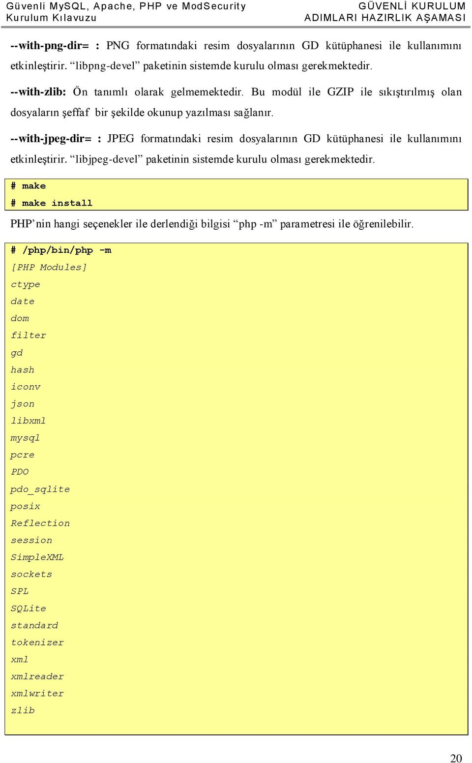 Bu modül ile GZIP ile sıkıştırılmış olan dosyaların şeffaf bir şekilde okunup yazılması sağlanır. --with-jpeg-dir= : JPEG formatındaki resim dosyalarının GD kütüphanesi ile kullanımını etkinleştirir.