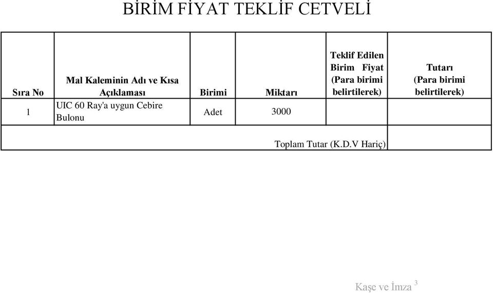 3000 Teklif Edilen Birim Fiyat (Para birimi belirtilerek) Tutarı