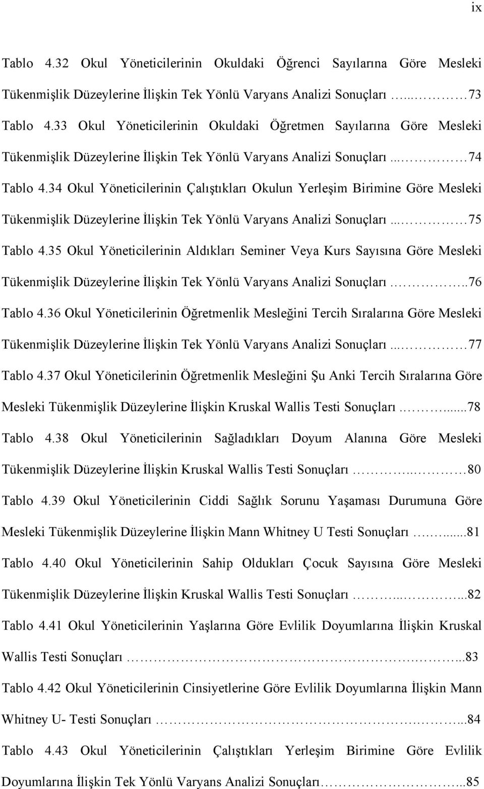 34 Okul Yöneticilerinin Çalıştıkları Okulun Yerleşim Birimine Göre Mesleki Tükenmişlik Düzeylerine İlişkin Tek Yönlü Varyans Analizi Sonuçları... 75 Tablo 4.