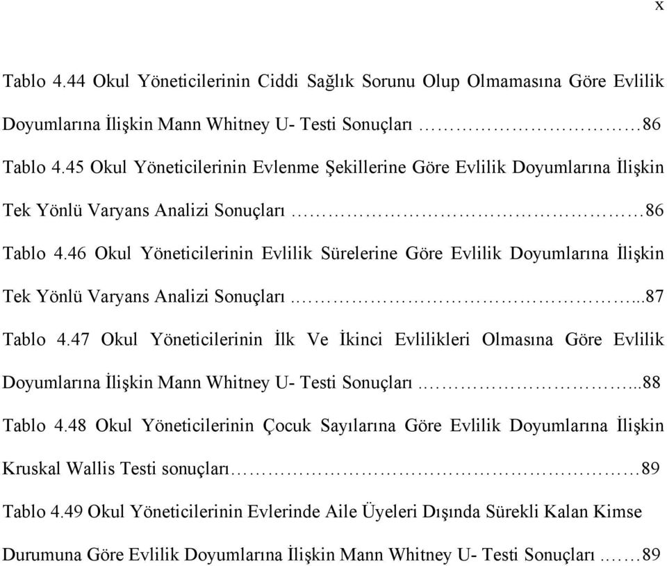 46 Okul Yöneticilerinin Evlilik Sürelerine Göre Evlilik Doyumlarına İlişkin Tek Yönlü Varyans Analizi Sonuçları....87 Tablo 4.