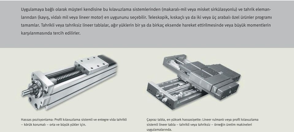 Tahrikli veya tahriksiz lineer tablalar, ağır yüklerin bir ya da birkaç eksende hareket ettirilmesinde veya büyük momentlerin karşılanmasında tercih edilirler.