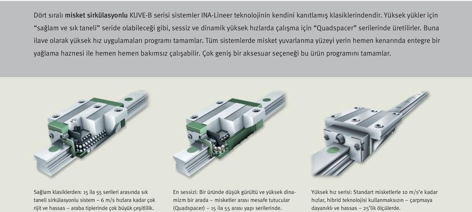 Buna ilave olarak yüksek hız uygulamaları programı tamamlar. Tüm sistemlerde misket yuvarlanma yüzeyi yerin hemen kenarında entegre bir yağlama haznesi ile hemen hemen bakımsız çalışabilir.