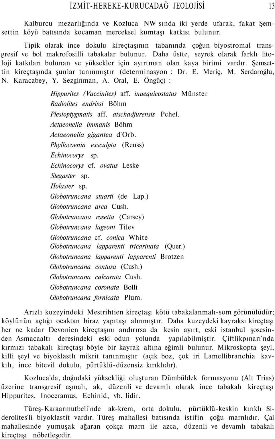 Daha üstte, seyrek olarak farklı litoloji katkıları bulunan ve yüksekler için ayırtman olan kaya birimi vardır. Şemsettin kireçtaşında şunlar tanınmıştır (determinasyon : Dr. E. Meriç, M.