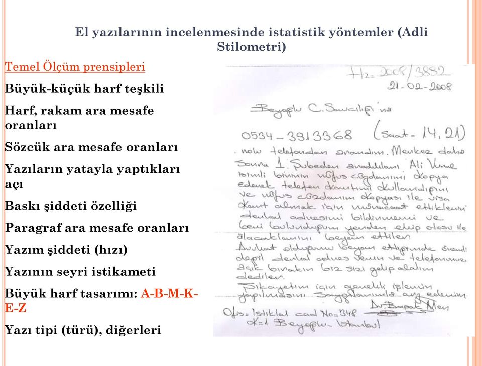 Yazıların yatayla yaptıkları açı Baskı şiddeti özelliği Paragraf ara mesafe oranları Yazım