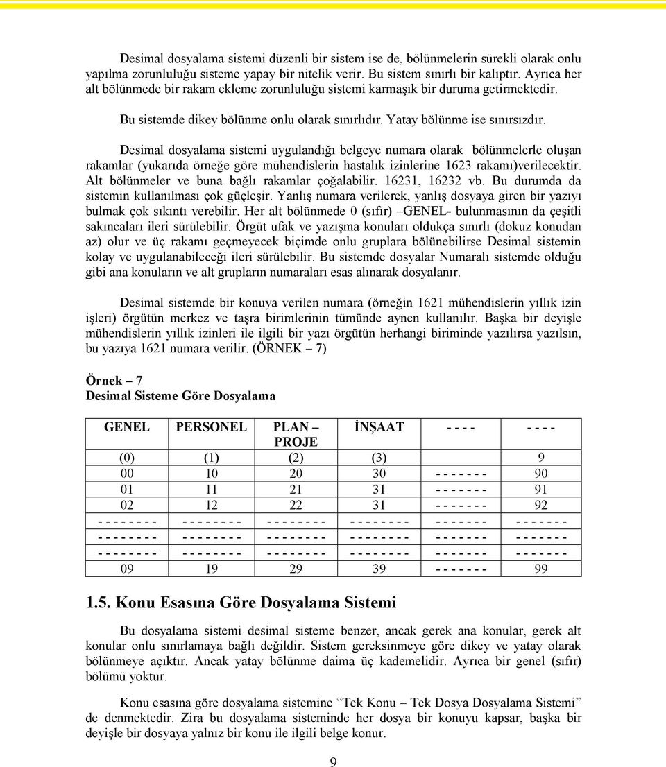 Desimal dosyalama sistemi uygulandığı belgeye numara olarak bölünmelerle oluşan rakamlar (yukarıda örneğe göre mühendislerin hastalık izinlerine 1623 rakamı)verilecektir.