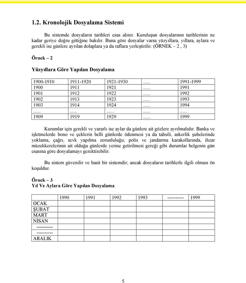 (ÖRNEK 2, 3) Örnek 2 Yüzyıllara Göre Yapılan Dosyalama 1900-1910 1911-1920 1921-1930... 1991-1999 1900 1911 1921... 1991 1901 1912 1922... 1992 1902 1913 1923... 1993 1903 1914 1924... 1994.