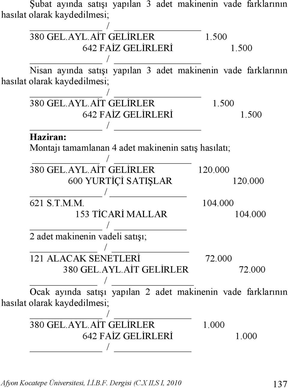 500 Haziran: Montajı tamamlanan 4 adet makinenin satış hasılatı; / 380 GEL.AYL.AİT GELİRLER 120.000 600 YURTİÇİ SATIŞLAR 120.000 / 621 S.T.M.M. 104.000 153 TİCARİ MALLAR 104.