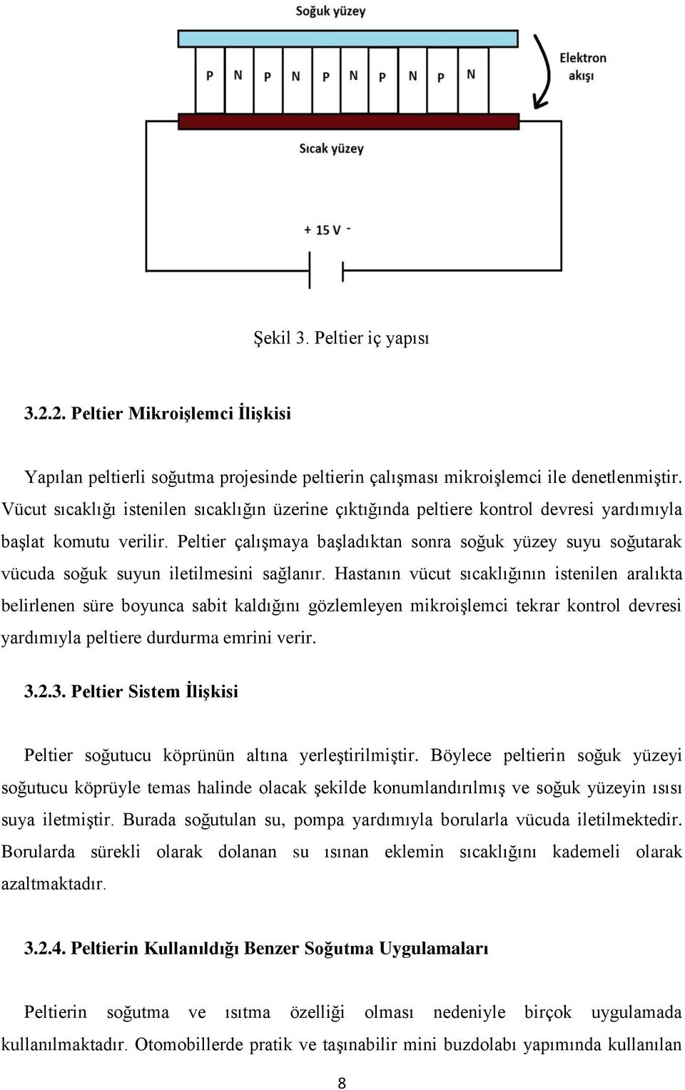 Peltier çalışmaya başladıktan sonra soğuk yüzey suyu soğutarak vücuda soğuk suyun iletilmesini sağlanır.