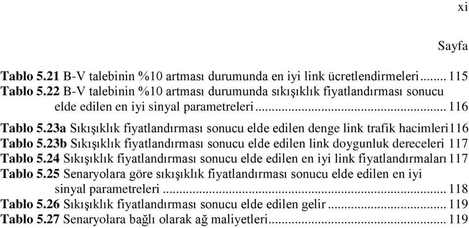 23a Sıkışıklık fiyatlandırması sonucu elde edilen denge link trafik hacimleri116 Tablo 5.23b Sıkışıklık fiyatlandırması sonucu elde edilen link doygunluk dereceleri 117 Tablo 5.