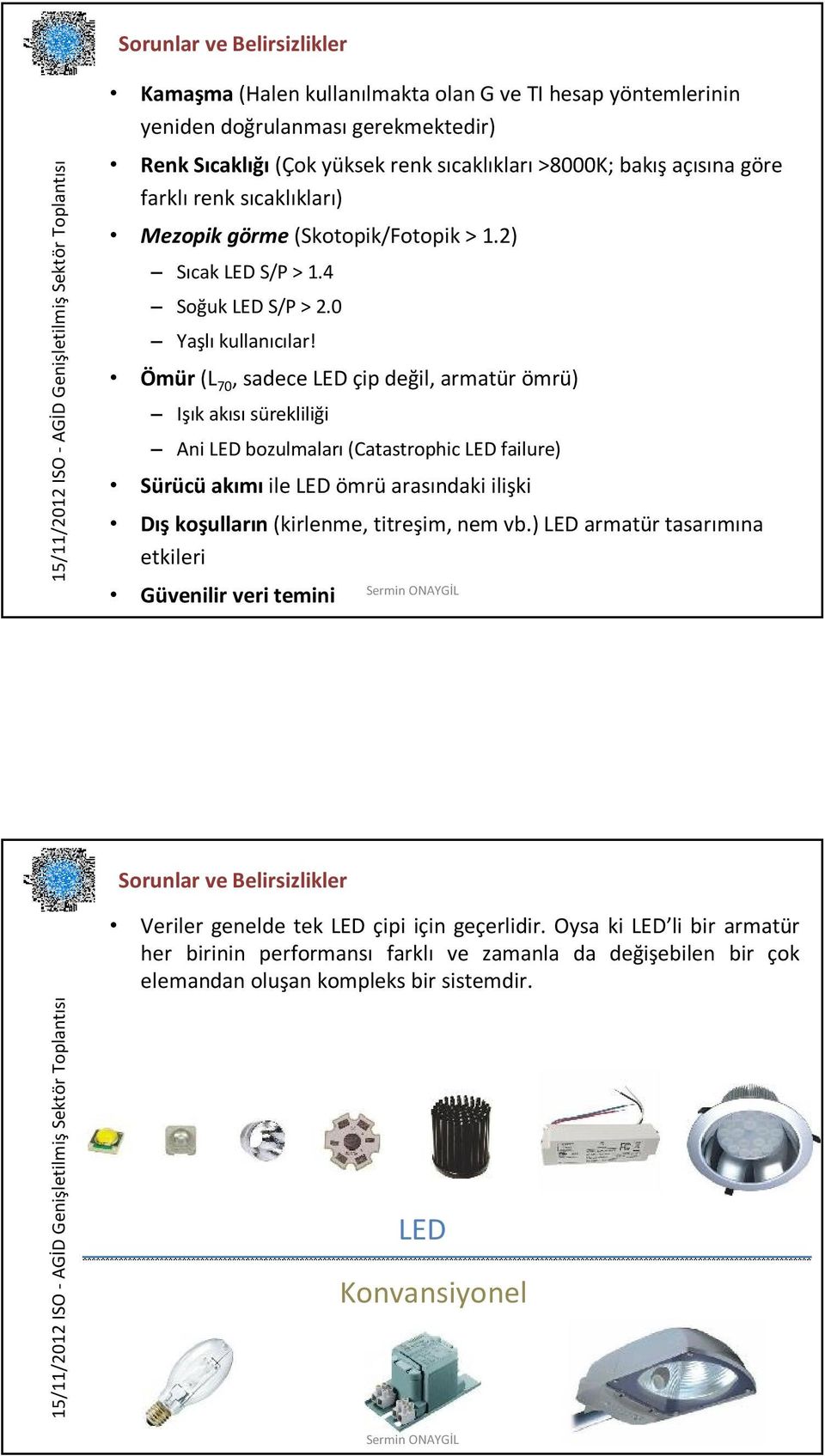 Ömür (L 70, sadece LED çip değil, armatür ömrü) Işık akısı sürekliliği Ani LED bozulmaları (Catastrophic LED failure) Sürücü akımı ile LED ömrü arasındaki ilişki Dış koşulların (kirlenme, titreşim,