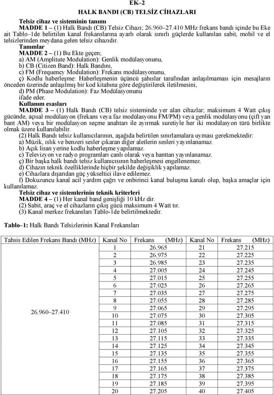 Tanımlar MADDE 2 (1) Bu Ekte geçen; a) AM (Amplitute Modulation): Genlik modülasyonunu, b) CB (Citizen Band): Halk Bandını, c) FM (Frequency Modulation): Frekans modülasyonunu, ç) Kodlu haberleşme: