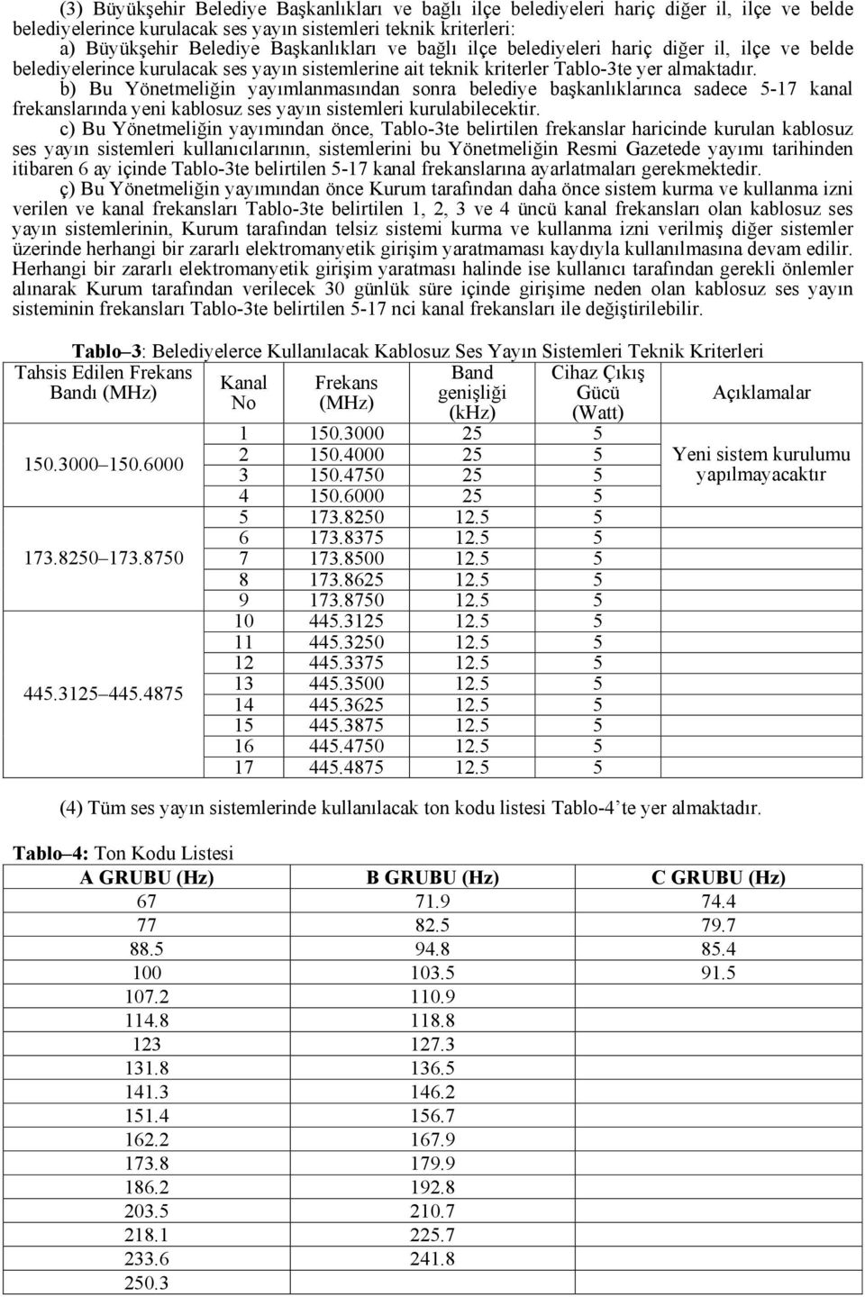 b) Bu Yönetmeliğin yayımlanmasından sonra belediye başkanlıklarınca sadece 5-17 kanal frekanslarında yeni kablosuz ses yayın sistemleri kurulabilecektir.