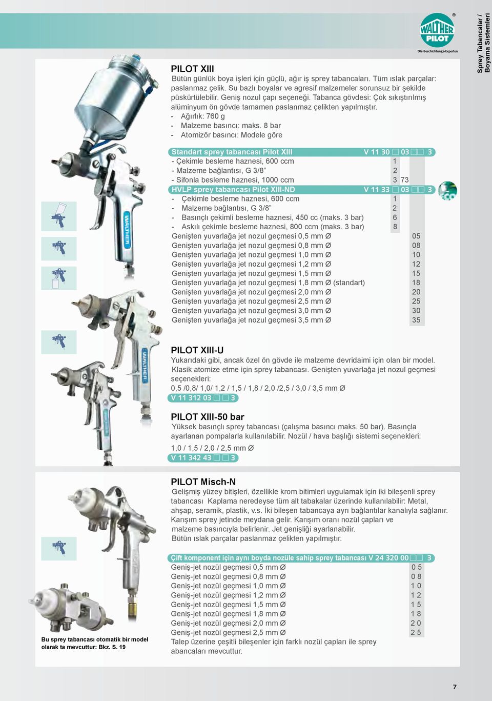 8 bar - Atomizör basıncı: Modele göre Sprey Tabancalar / Boyama Sistemleri Standart sprey tabancası Pilot XIII V 11 30 03 3 - Çekimle besleme haznesi, 600 ccm 1 - Malzeme bağlantısı, G 3/8 2 -