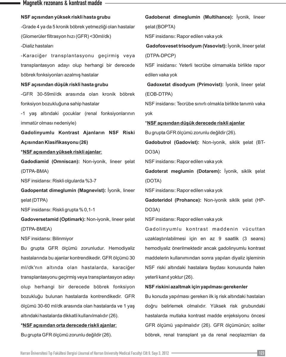 hastalar -1 yaş altındaki çocuklar (renal fonksiyonlarının immatür olması nedeniyle) Gadolinyumlu Kontrast Ajanların NSF Riski Açısından Klasifikasyonu (26) *NSF açısından yüksek riskli ajanlar: