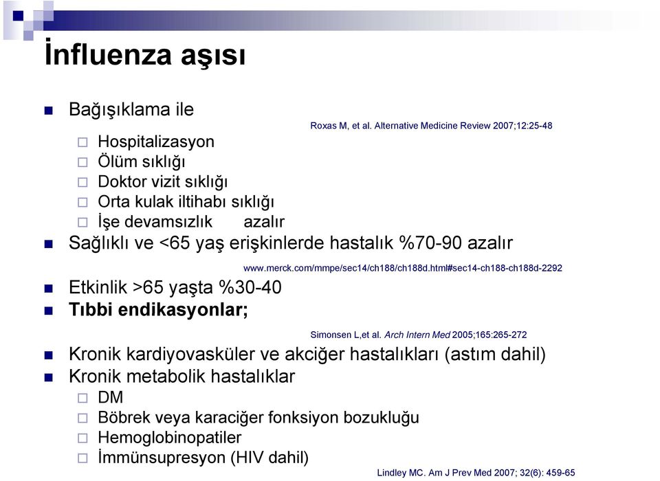 <65 yaş ş erişkinlerde ş hastalık %70-90 azalır Etkinlik >65 yaşta %30-40 Tıbbi endikasyonlar; www.merck.com/mmpe/sec14/ch188/ch188d.