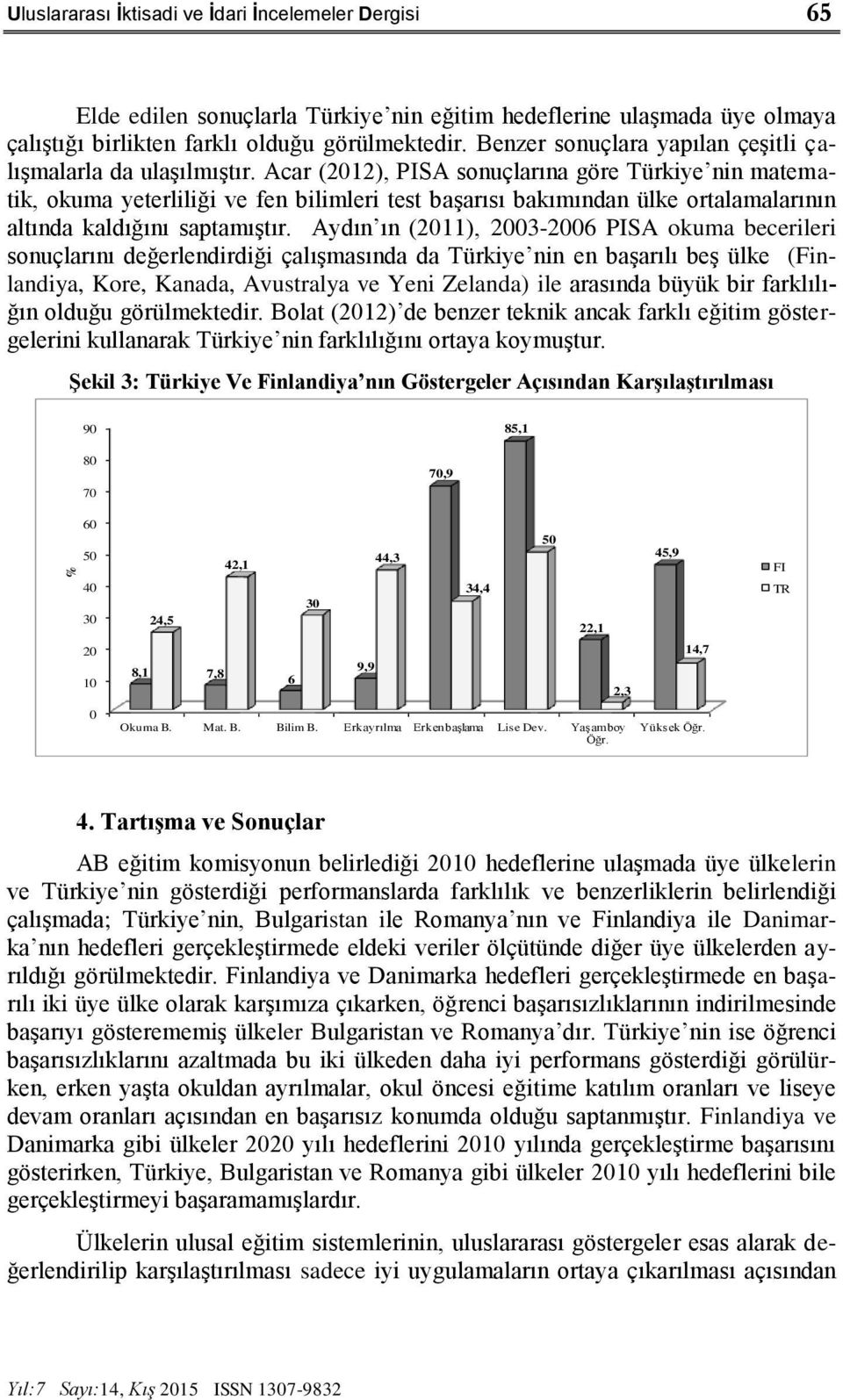 Acar (2012), PISA sonuçlarına göre Türkiye nin matematik, okuma yeterliliği ve fen bilimleri test başarısı bakımından ülke ortalamalarının altında kaldığını saptamıştır.
