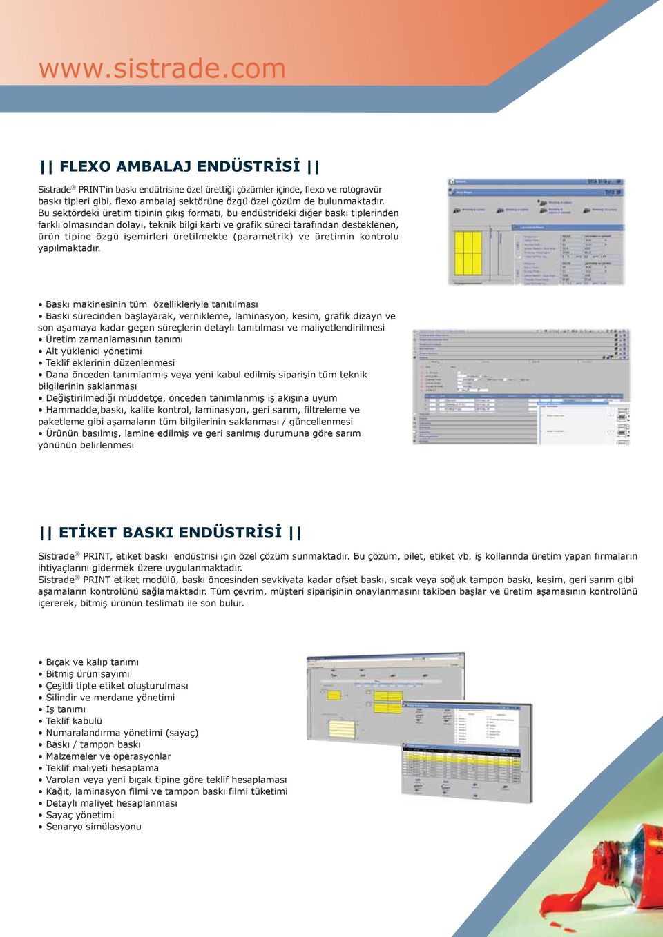 Bu sektördeki üretim tipinin çıkış formatı, bu endüstrideki diğer baskı tiplerinden farklı olmasından dolayı, teknik bilgi kartı ve grafik süreci tarafından desteklenen, ürün tipine özgü işemirleri