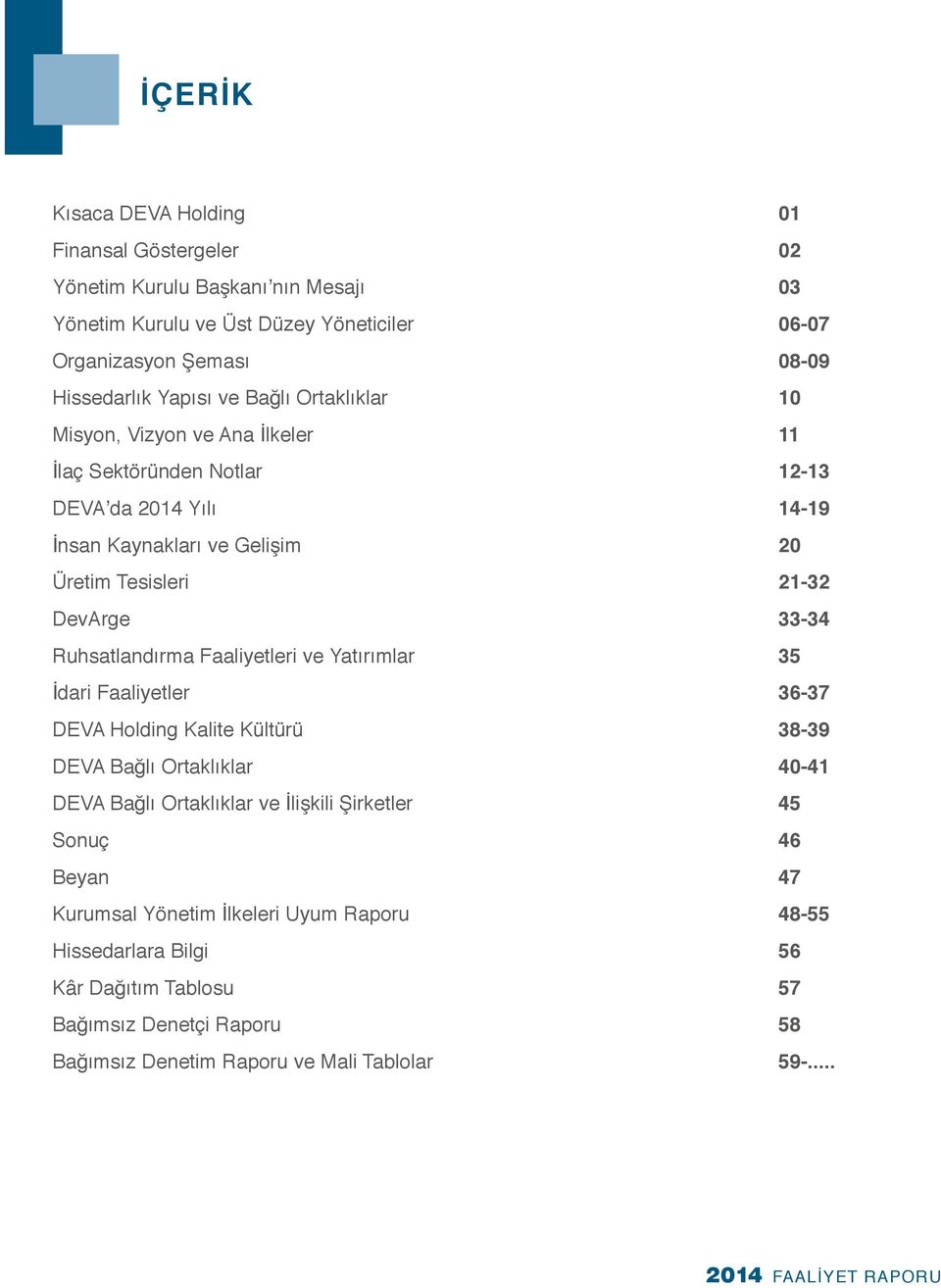 33-34 Ruhsatlandırma Faaliyetleri ve Yatırımlar 35 İdari Faaliyetler 36-37 DEVA Holding Kalite Kültürü 38-39 DEVA Bağlı Ortaklıklar 40-41 DEVA Bağlı Ortaklıklar ve İlişkili