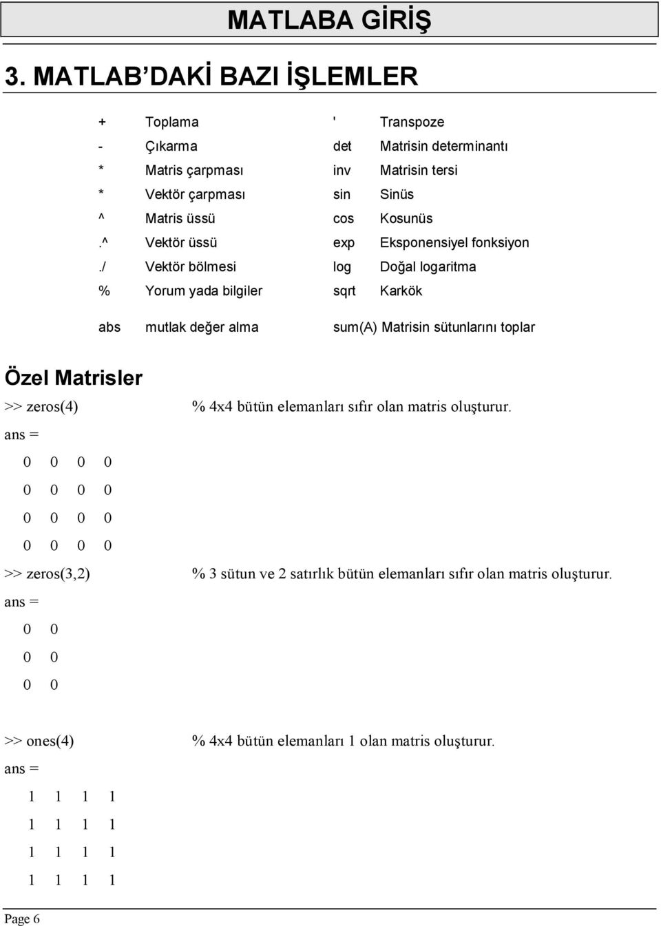 / Vektör bölmesi log Doğal logaritma % Yorum yada bilgiler sqrt Karkök abs mutlak değer alma sum(a) Matrisin sütunlarını toplar Özel Matrisler >> zeros(4) % 4x4