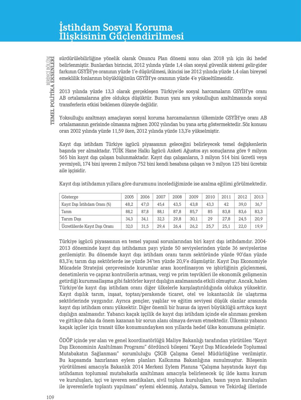 fonlarının büyüklüğünün GSYİH ye oranının yüzde 4 e yükseltilmesidir. 2013 yılında yüzde 13,3 olarak gerçekleşen Türkiye de sosyal harcamaların GSYİH ye oranı AB ortalamalarına göre oldukça düşüktür.