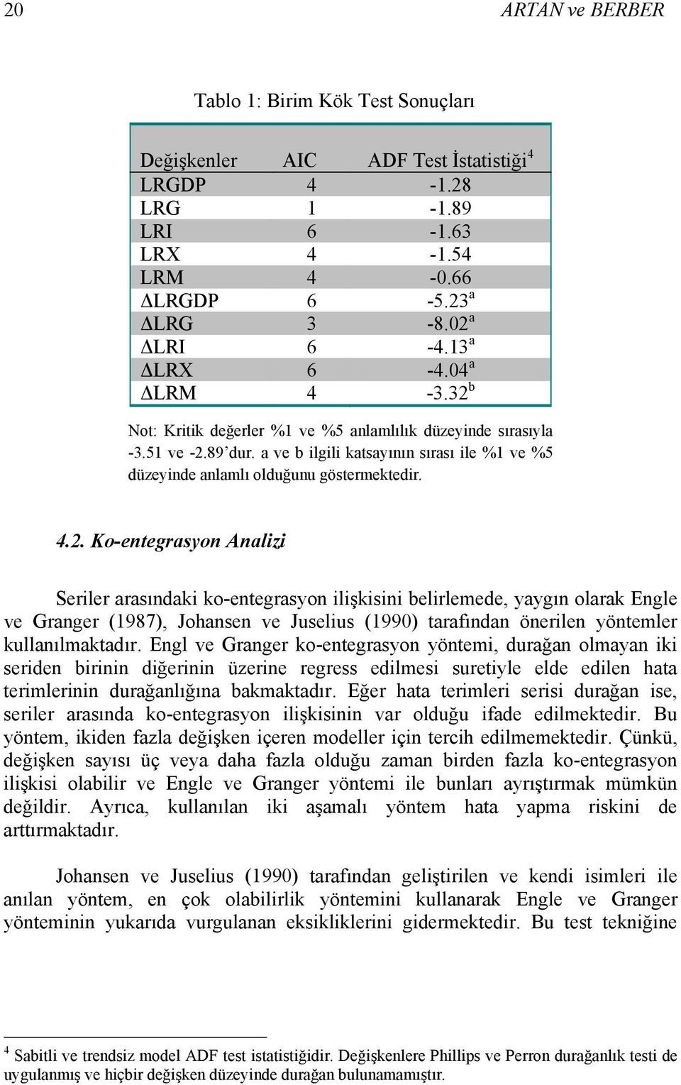 b Not: Kritik değerler %1 ve %5 anlamlılık düzeyinde sırasıyla -3.51 ve -2.