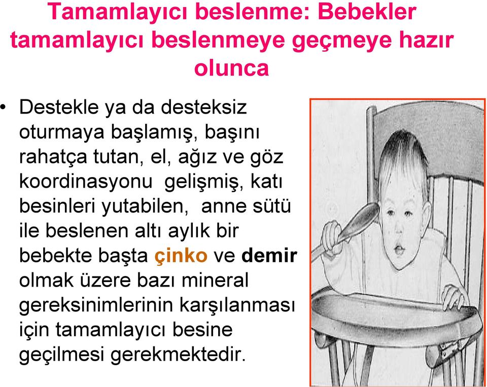 katı besinleri yutabilen, anne sütü ile beslenen altı aylık bir bebekte başta çinko ve demir