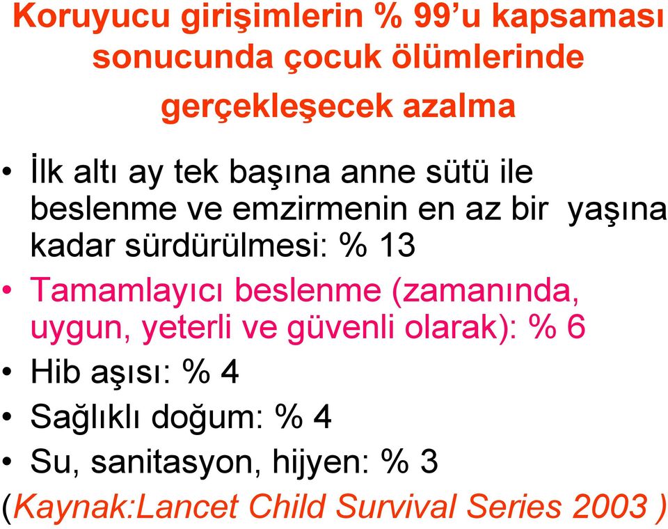 sürdürülmesi: % 13 Tamamlayıcı beslenme (zamanında, uygun, yeterli ve güvenli olarak): % 6