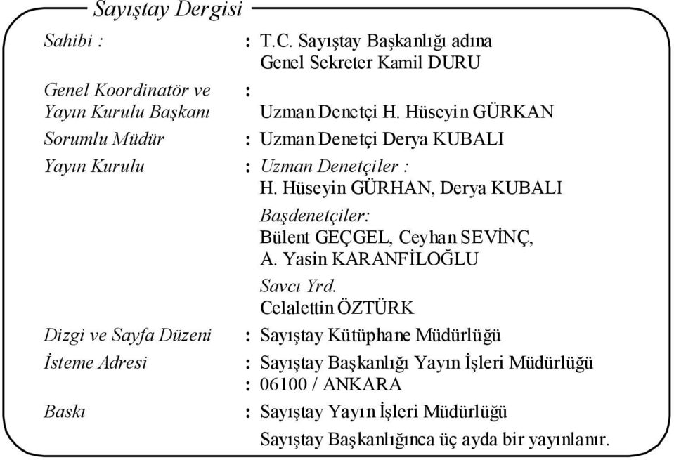 Hüseyin GÜRKAN : Uzman Denetçi Derya KUBALI Yayın Kurulu : Uzman Denetçiler : H.