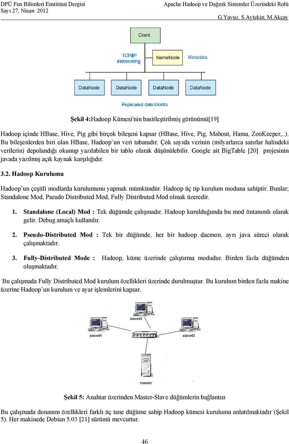 Google ait BigTable [20] projesinin javada yazılmış açık kaynak karşılığıdır. 3.2. Hadoop Kurulumu Hadoop un çeşitli modlarda kurulumunu yapmak mümkündür. Hadoop üç tip kurulum moduna sahiptir.