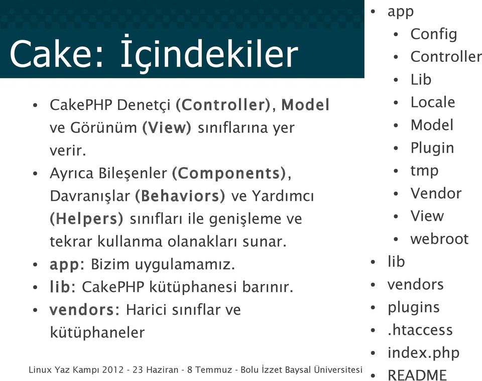 kullanma olanakları sunar. app: Bizim uygulamamız. lib: CakePHP kütüphanesi barınır.